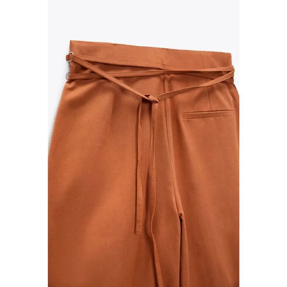 Zara Full Length Linen Blend Pants Brown